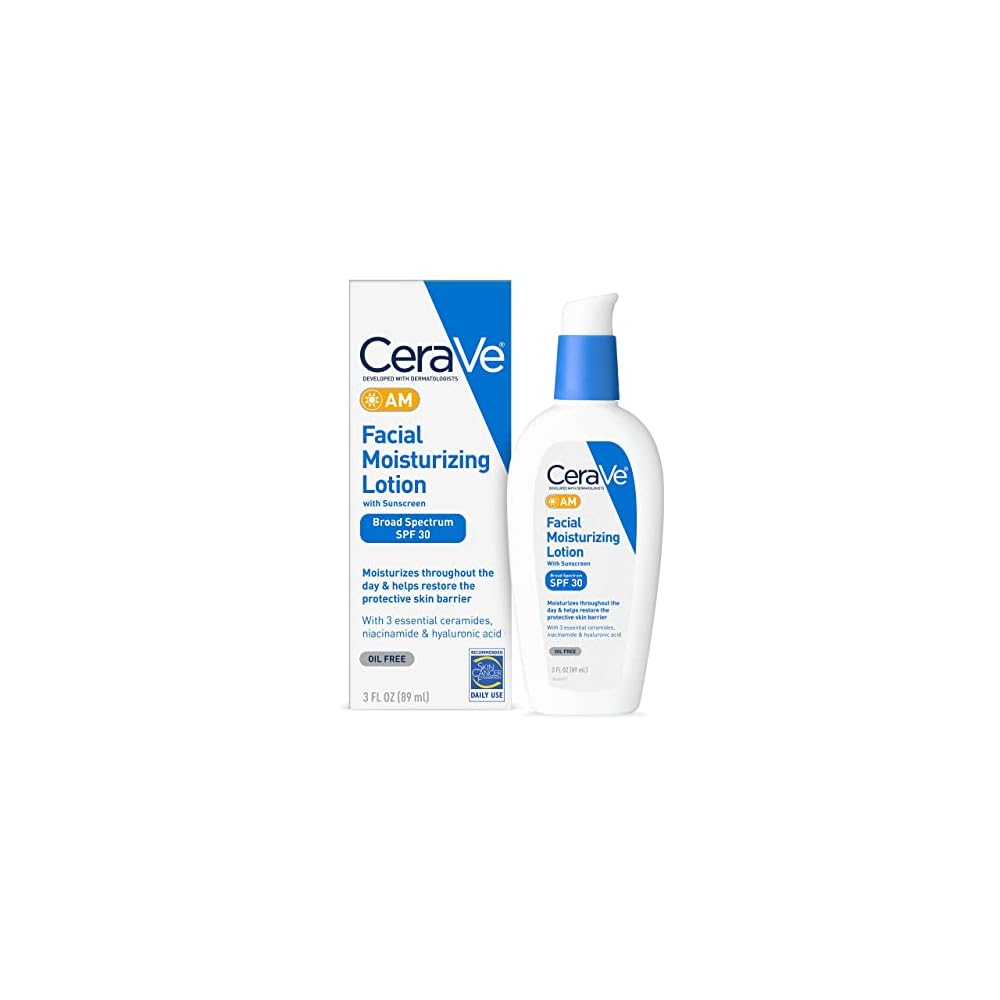 CeraVe AM Facial Moisturizing Lotion with SPF 30 | Oil-Free Face Moisturizer with SPF | Formulated with Hyaluronic Acid, Niacinamide & Ceramides | Non-Comedogenic | Broad Spectrum Sunscreen | 3 Ounce