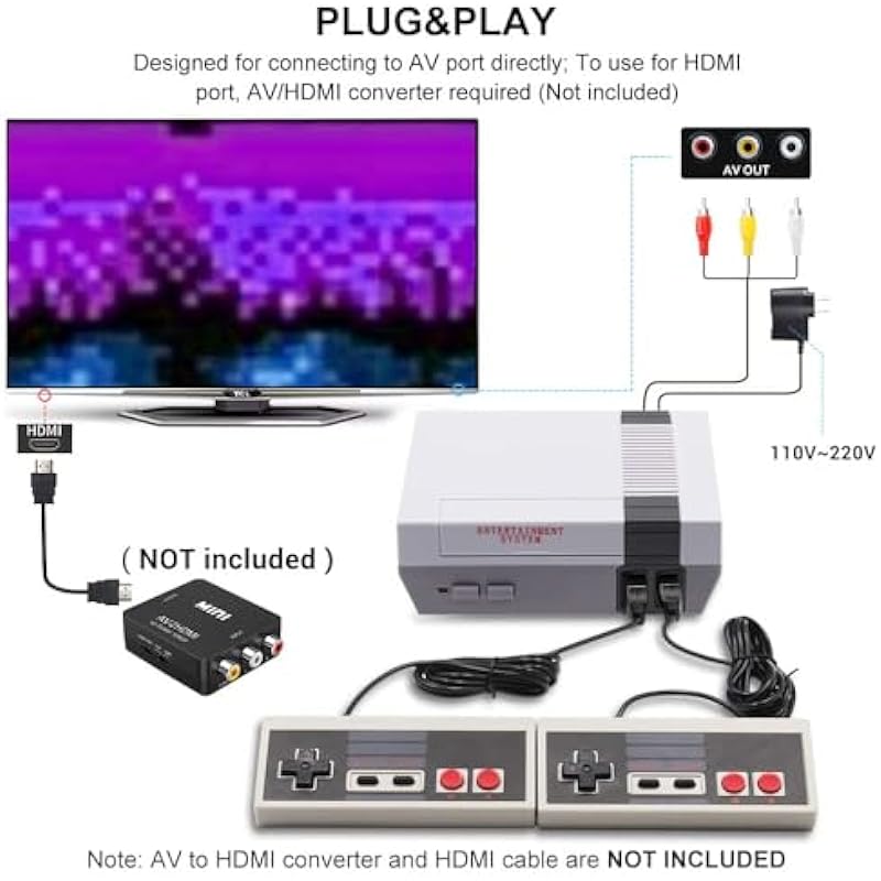 Moore Retro Game Console, Classic Game Console, AV Output 8-Bit Game System Built-in 620 Video Games with 2 Classic Controllers – Plug and Play