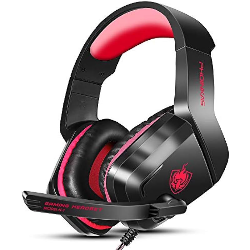 PHOINIKAS H1 Gaming Headset for PS4, Xbox One, PC, Laptop, Nintendo Switch with Bass Surround, Xbox One Headset with Noise-Cancelling Mic, Over Ear Headphones with LED Light, Gift for Kids – Red
