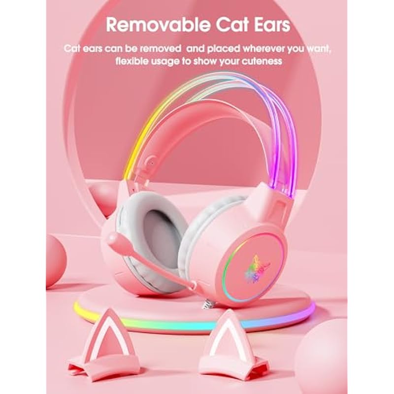 Lightweight Gaming Headsets with Removable Cat Ears,Gradient RGB Light, Wired Over- Ear Headphones for PC/PS4/PS5/XBOX/Switch, Virtual Surround Sound & Noise Cancelling Mic, Auto-Adjust Headband, Pink