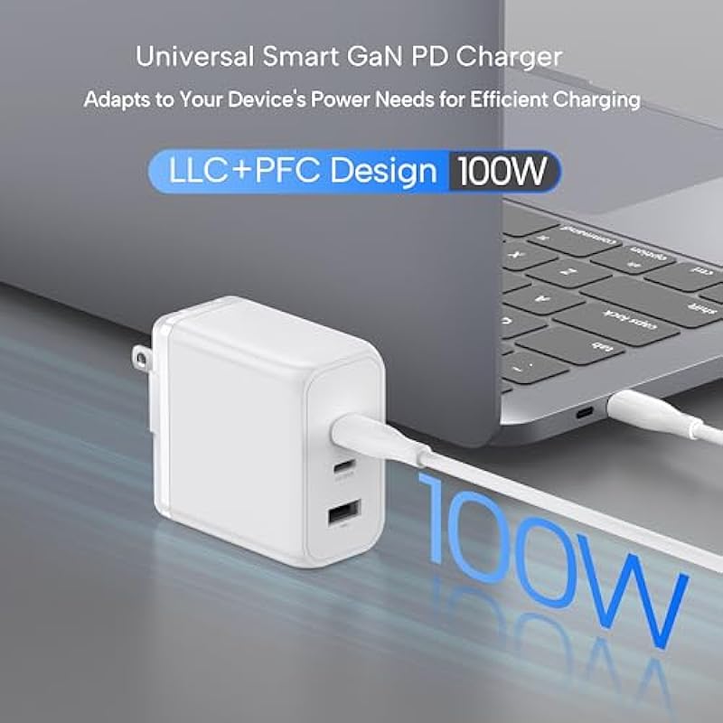 TEKTURN 100W Smart GaN PD Charger, 6.6ft/2m 100W E-Mark Cable, 3 Ports (2 USB-C, 1 USB-A), Compatible with MacBook Pro, Pixelbook, ThinkPad, XPS, iPad Pro, Samsung S23 Ultra, iPhone 15 Pro & More