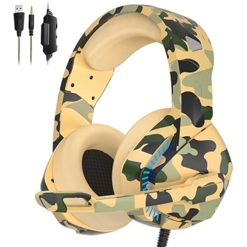 PHOINIKAS PS4 Gaming Headset with 7.1 Surround Sound, PC Headset with Noise Canceling Mic & LED Light, H3 Over Ear Headphones for Nintendo Switch, PS5, Xbox One, Laptop (Camo)