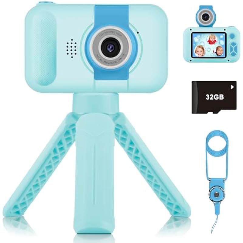ARNSSIEN Kids Camera with Flip-up Lens for Selfie & Video, HD Kids Digital Camera with Tripods, Toddler Camera with 32GB Card, Ideal Birthday Toy for 3-8 Years Old Kids Girls Boys