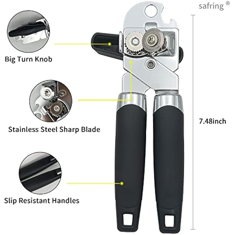 Can Opener Manual, Handheld Strong Heavy Duty Stainless Steel Can Opener, Comfortable Handle, Sharp Blade Smooth Edge, Can Openers with Multifunctional Bottle Opener