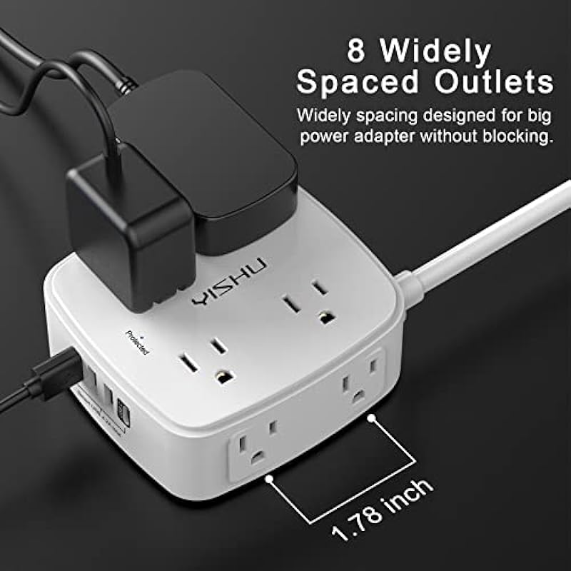 6 Ft Surge Protector Power Strip – 8 Widely Outlets with 4 USB Ports, 3 Side Outlet Extender with 6 Feet Extension Cord, Flat Plug, Wall Mount, Desk USB Charging Station, ETL,White
