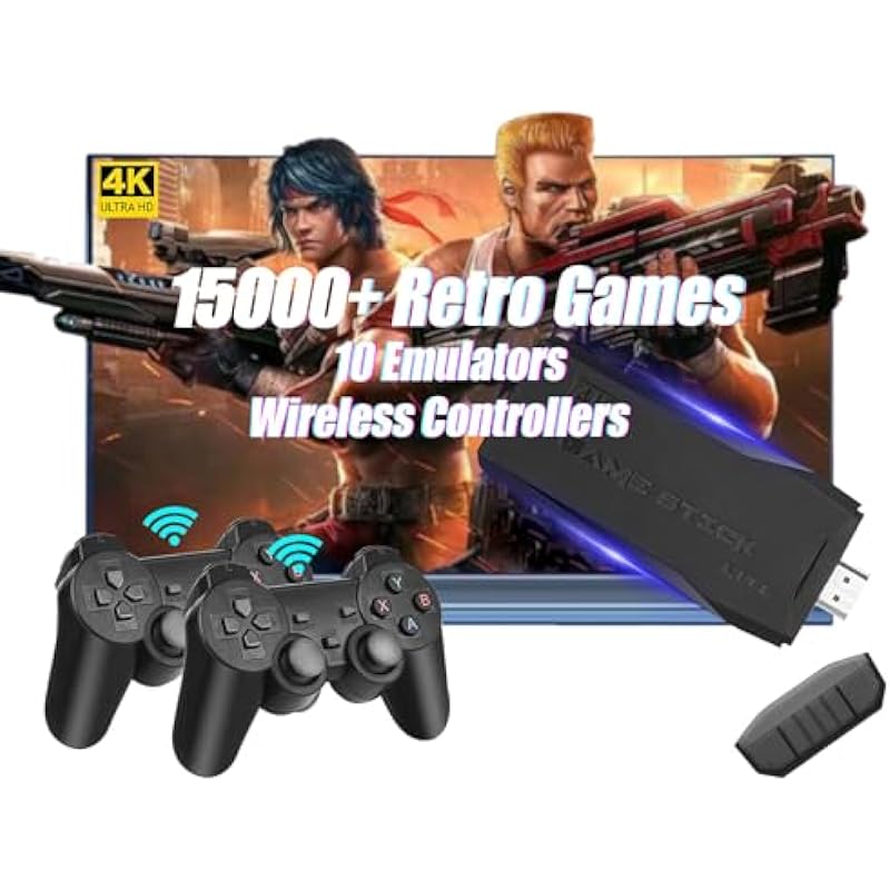 Wireless Retro Game Console, HD Classic Games Stick Built in 10 Emulators with 15000+ Games and Dual 2.4G Wireless Controllers, 4K HDMI Output Video Games for TV, Gift for Adults & Kids