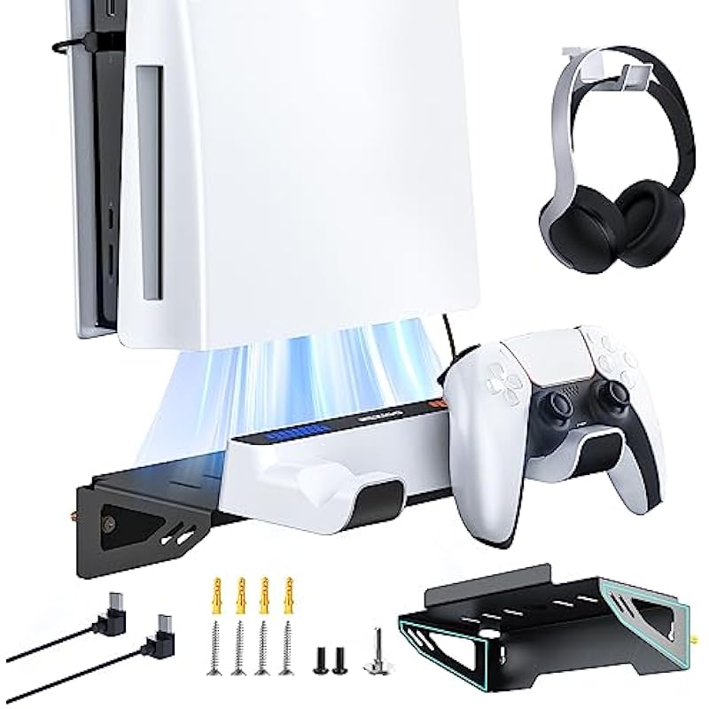 NexiGo PS5 Wall Mount Kit with Charging Station, Dual Controller Chargers, Steel Wall Stand, and Headphone Hanger – Compatible with Playstation 5 (Disc & Digital)