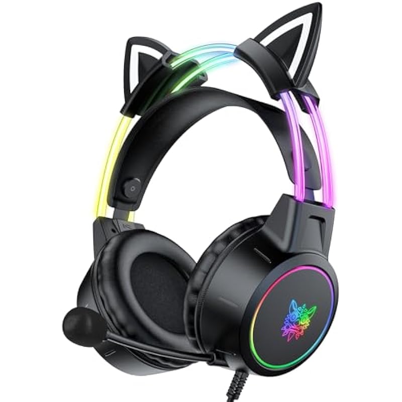 Lightweight Gaming Headsets with Removable Cat Ears,Gradient RGB Light, Wired Over- Ear Headphones for PC/PS4/PS5/XBOX/Switch, Virtual Surround Sound Noise Cancelling Mic, Auto-Adjust Headband, Black