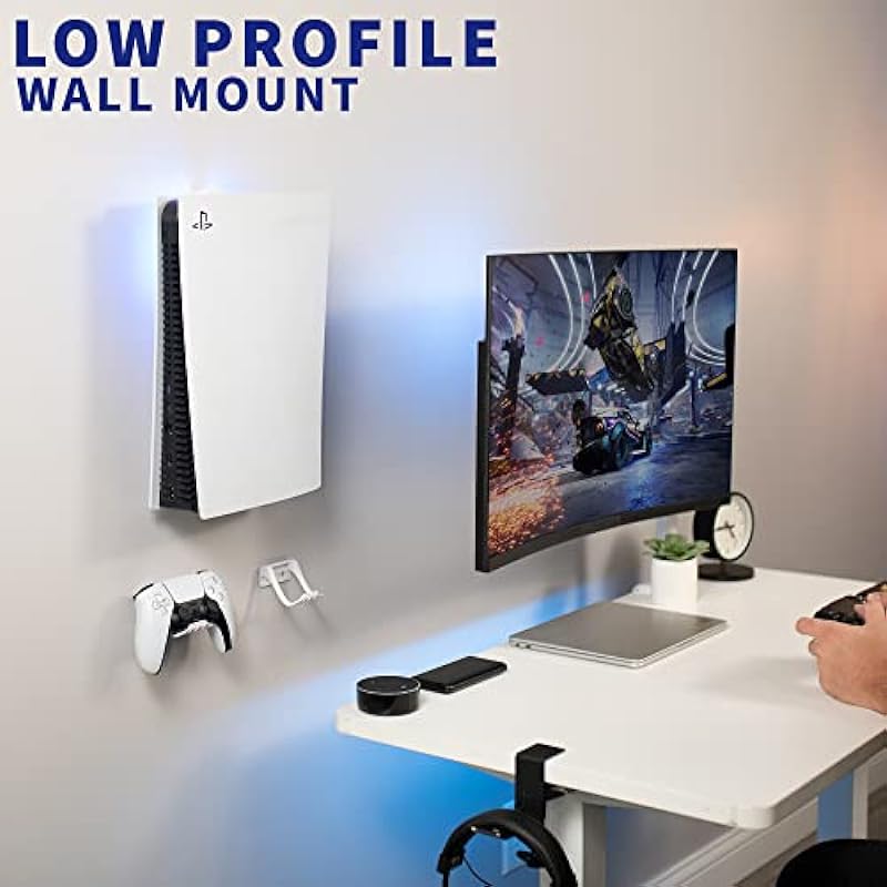 VIVO Steel Wall Mount Bracket Designed for PS5 Gaming Console, Vertical Display for Playstation 5, Open Design, 2 Controller Mounts, White, MOUNT-PS5W