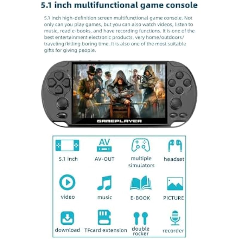 Multifunctional Video Game Console 5.1 inch 7500 Free Retro Games Handheld Game Console Portable Pocket Children’s Game Player Mini Arcade Emulator Device mp3/4 Holiday (Black)