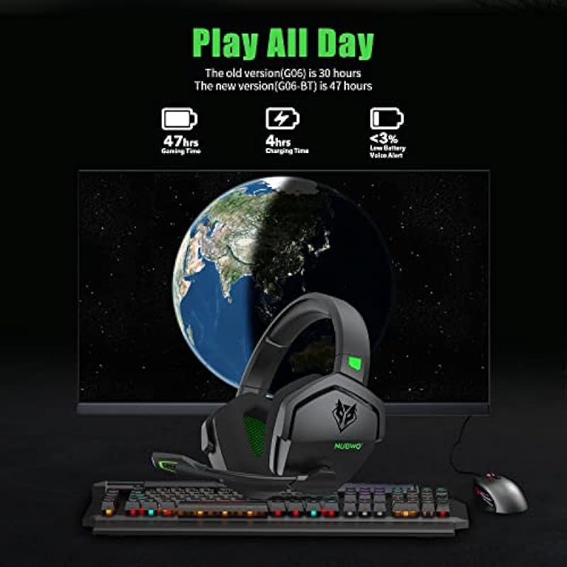 NUBWO G06 Dual Wireless Gaming Headset with Microphone for PS5, PS4, PC, Mobile, Switch: 2.4GHz Wireless + Bluetooth – 100 Hr Battery – 50mm Drivers – Green
