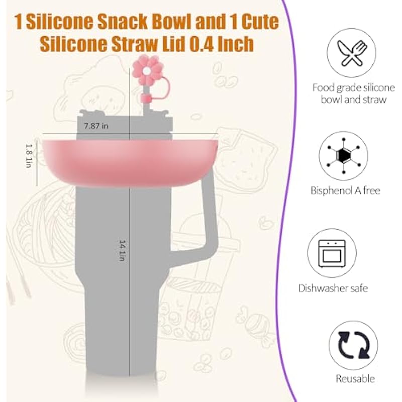 Stanley Cup 40 oz Snack Bowl with Handle, Compatible with Stanley Cup 40 oz Snack Bowl with Handle, Reusable Snack Bowl, Stanley Accessories, Silicone (Pink Snack Bowl)