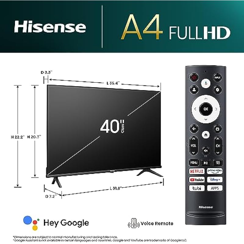 Hisense 40-Inch Class A4 Series FHD 1080p Google Smart TV (40A4K, 2023 Model) – DTS Virtual: X, Game & Sports Modes, Chromecast Built-in, Alexa Compatibility, Black