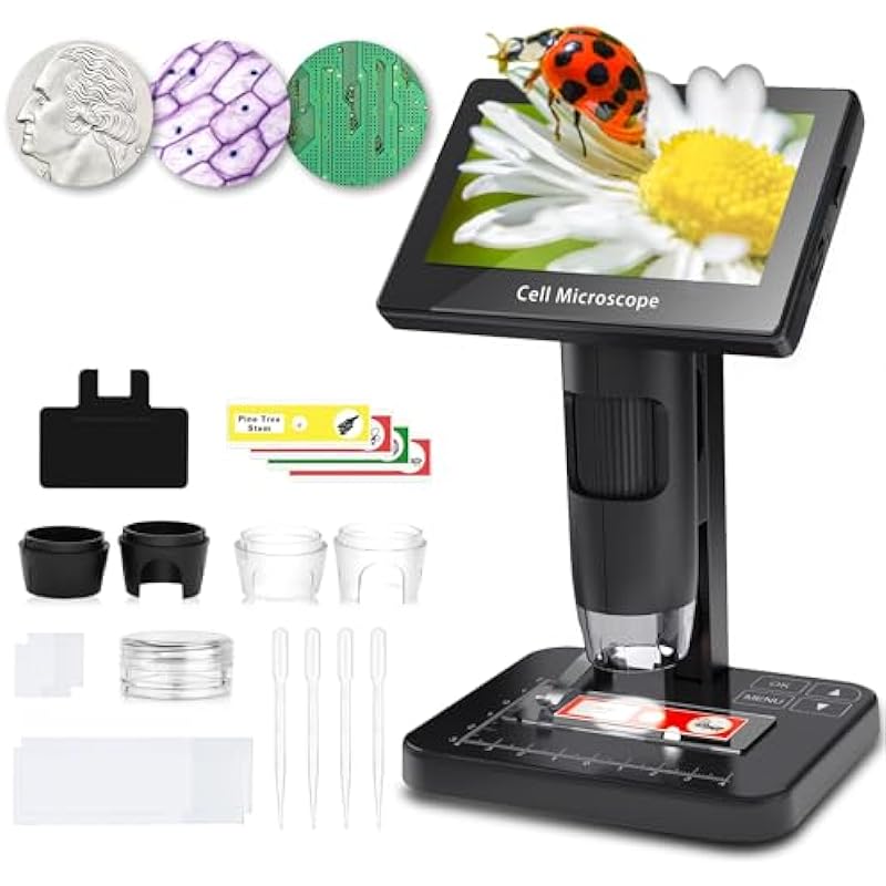 Caupureye Digital Microscope for Kids, Adults, Teens Student, Biological Microscope Camera with Screen, Metal Body, 3 Lights for Soldering, Interest Cultivation, Coin Collection