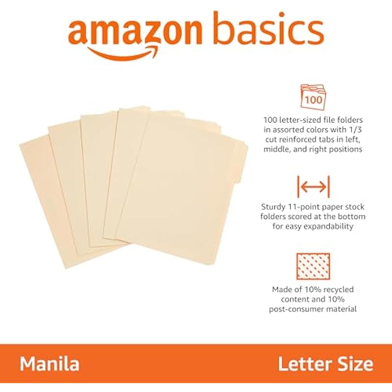 Amazon Basics 1/3-Cut Tab, Assorted Positions File Folders, Letter Size, Manila – Pack of 100
