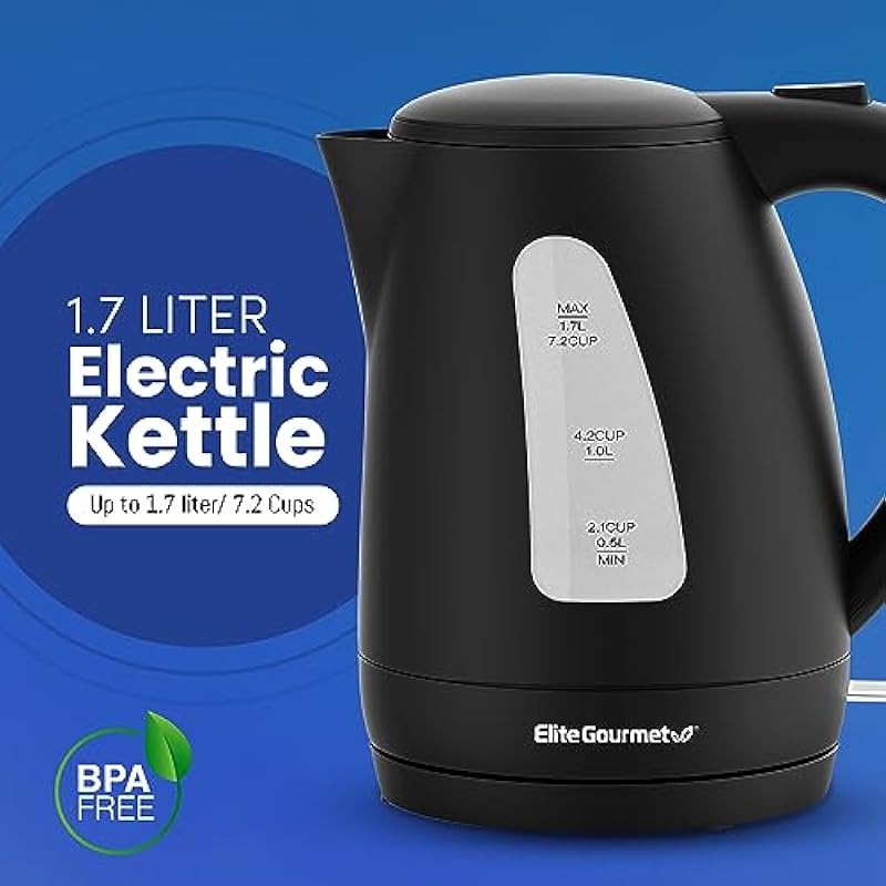 Elite Gourmet EKT8690 1.7L Electric Tea Kettle 1500W Hot Water Heater Boiler BPA-Free, Fast Boil, Water Level Window and Auto Shut-Off, Black