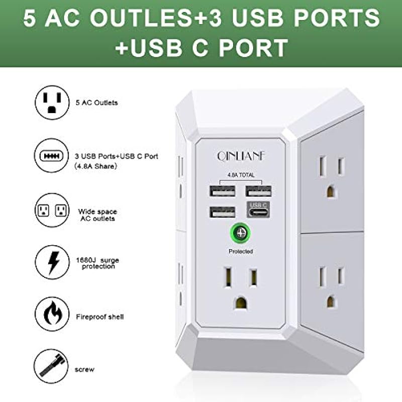 Wall Charger, Surge Protector, QINLIANF 5 Outlet Extender with 4 USB Charging Ports (4.8A Total) 3-Sided 1680J Power Strip Multi Plug Adapter Spaced for Home Travel Office (3U1C)