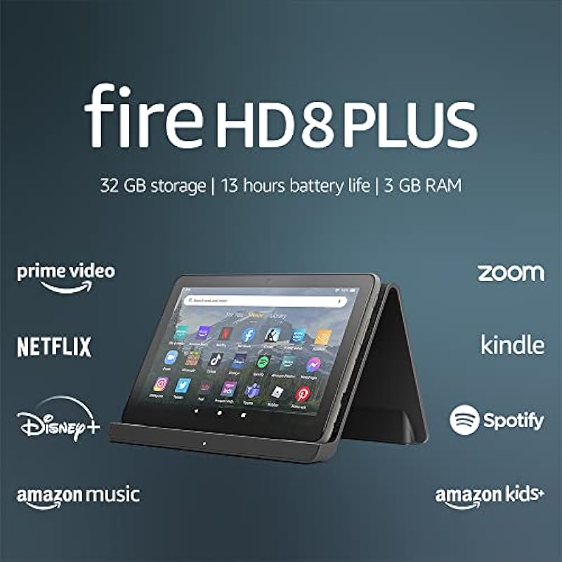 Amazon Fire HD 8 Plus tablet, 8” HD Display, 32 GB, 3GB RAM, 30% faster processor, and Made for Amazon Wireless Charging Dock, (2022 release), Gray