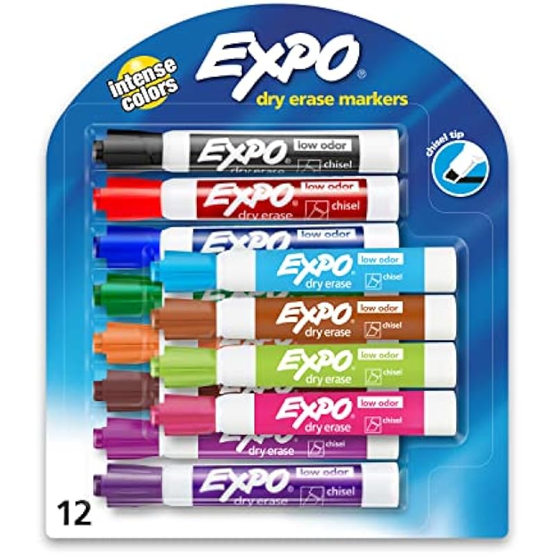 EXPO Low Odor Dry Erase Markers, Chisel Tip, Assorted Colors, 12 Count