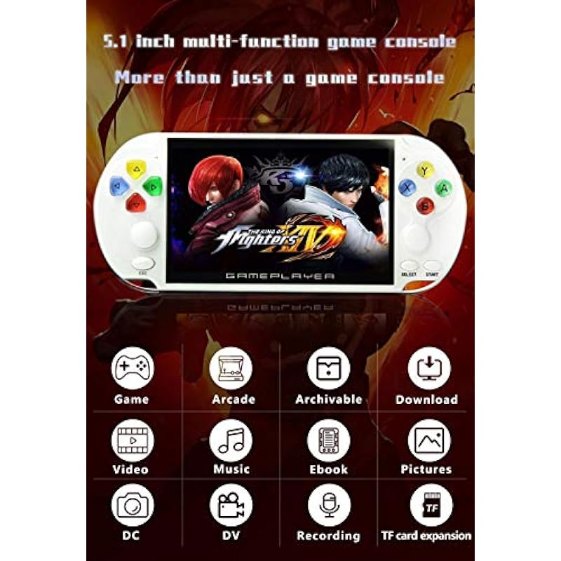 5.1-inch multi-function video game console color crystal buttons built-in 9600 games MP3MP4 lithium battery game archive AV OUT DV/DC hand-held gaming device (White)