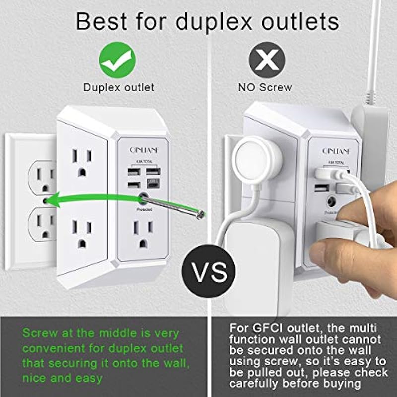Wall Charger, Surge Protector, QINLIANF 5 Outlet Extender with 4 USB Charging Ports (4.8A Total) 3-Sided 1680J Power Strip Multi Plug Adapter Spaced for Home Travel Office (3U1C)