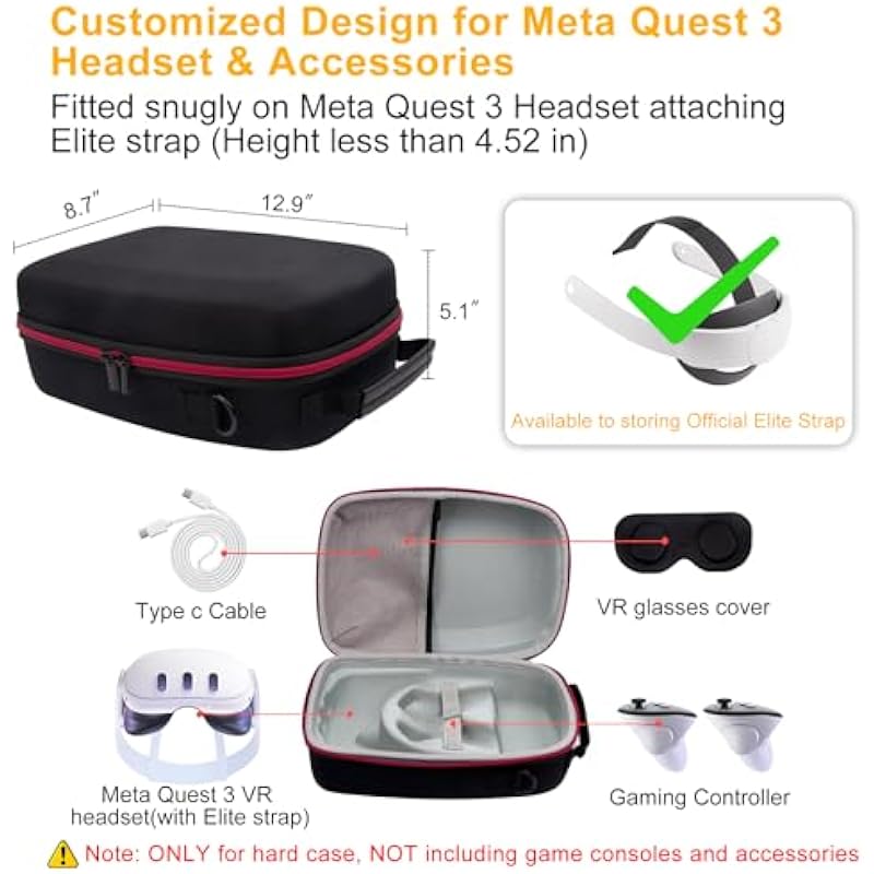 Case for Meta Quest 3 VR Headset & Gaming Console, Oculus Quest 3 Carrying Case with Shoulder Belt, Waterproof Shockproof Portable Bag with Mesh Pocket for Meta Accessories