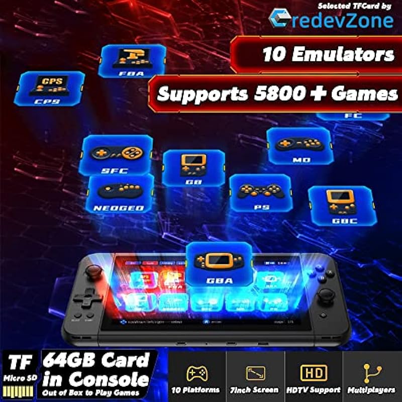 X70 Handheld Game Console 7.0 inch Pro Retro Games Consoles Classic Video Games Pad Style Preinstalled System Built-in Rechargeable Battery Gaming Consoles 64GB