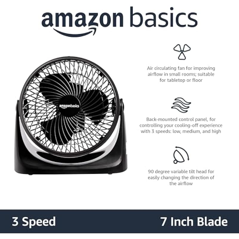 Amazon Basics 3 Speed Small Room Air Circulator Fan, 7-Inch Blade, Black, 6.3″D x 11.1″W x 10.9″H