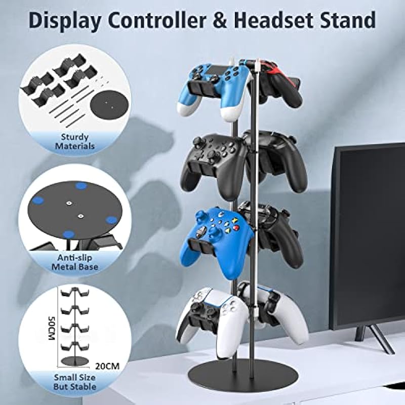 Kytok Controller Stand 4 Tiers with Cable Organizer for Desk, Universal Controller Display Stand Compatible with Xbox PS5 PS4 Nintendo Switch, Headset Holder & Desk Mounts for 8 Packs Controller