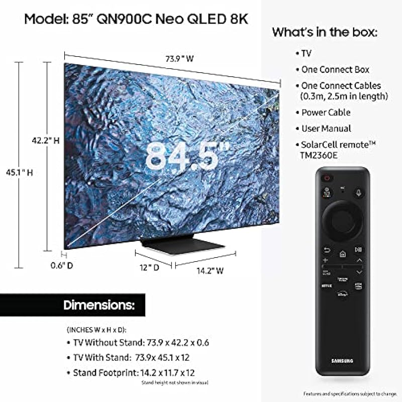 SAMSUNG 85-Inch Class Neo QLED 8K QN900C Series Mini LED Quantum HDR Smart TV with Infinity Screen, Dolby Atmos, Object Tracking Sound Pro, Alexa Built-in (QN85QN900C, 2023 Model),Titan Black