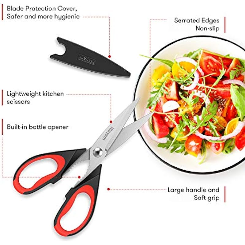 iBayam Kitchen Scissors All Purpose Heavy Duty Meat Poultry Shears, Dishwasher Safe Food Cooking Scissors Stainless Steel Utility Scissors, 2-Pack (Black Red, Black Gray)