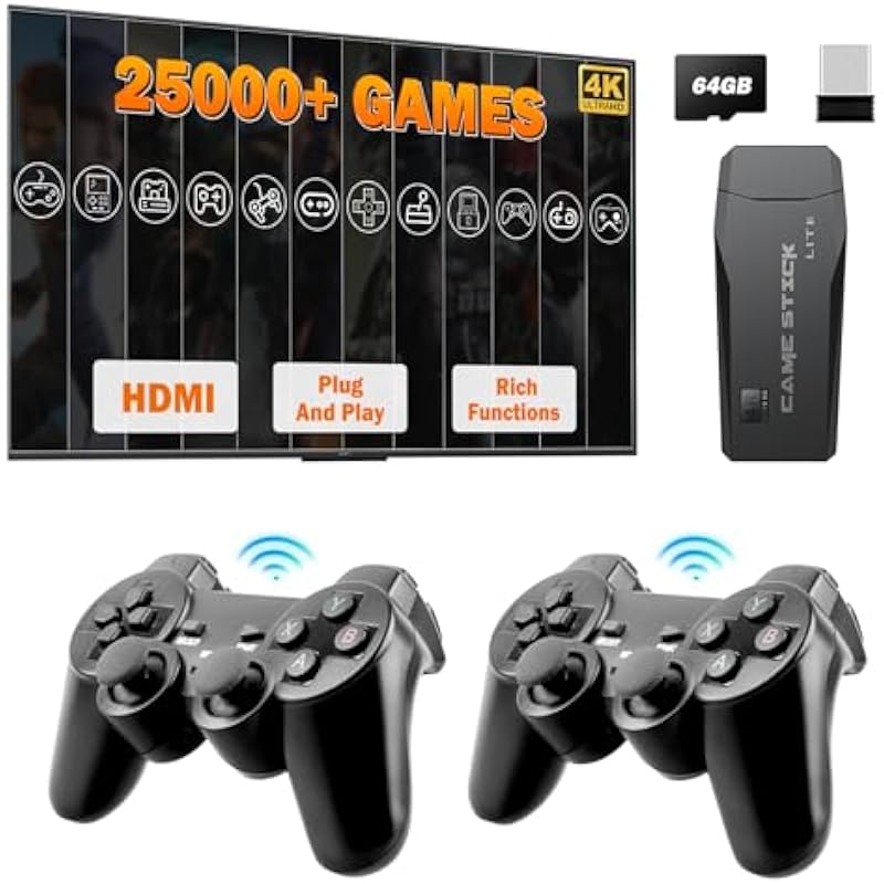 Retro Game Stick 4K Nostalgia Stick Lite, Retro Gaming Console with Built in 25004 Games, 12 Emulators Console Plug and Play Video Games for TV, HD Game Stick with 2 Controllers