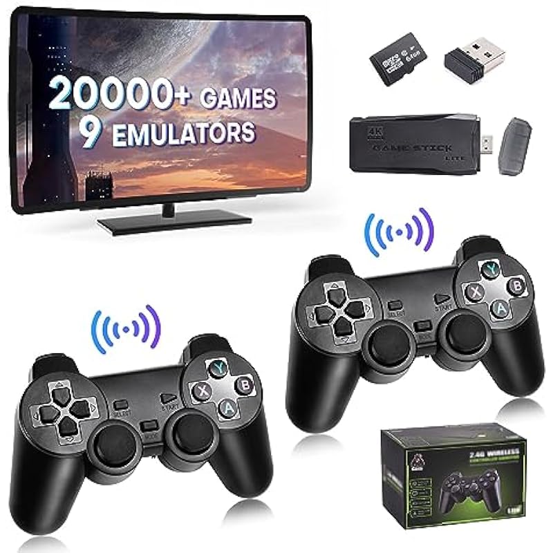 Retro Game Console,Retro Game Stick,Video Games Console,Built in 20,000+ Classic Games,Game Stick 4k HDMI Output for TV, Dual 2.4G Wireless Controllers 9 Emulators, for TV Plug and Play Game Console
