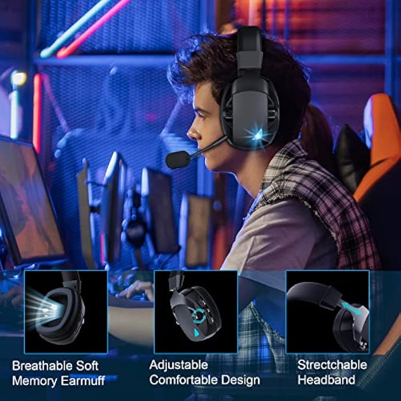 Wireless Gaming Headset with Detachable Noise Cancelling Microphone, 2.4G Bluetooth – USB – 3.5mm Wired Jack 3 Modes Wireless Gaming Headphones for PC, PS4, PS5, Mac, Switch, Phone, Tablet