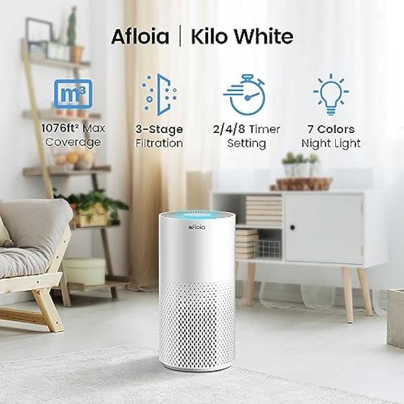 Afloia Air Purifiers for Home Bedroom Large Room Up to 1076 Ft², True HEPA Filter Air Purifier for Pets Dust Pollen Allergies Dander Mold Odor Smoke, 22dB&7 Color Light, Kilo White