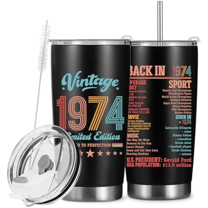 20 Oz Tumbler Vintage Anniversary 50th Birthday Gifts 50 Year Old Gifts for Women Men Mother in Law Stepmom 50th Birthday Party Favors Turning 50 Insulated Travel Mug Stainless Steel Thermal Cup