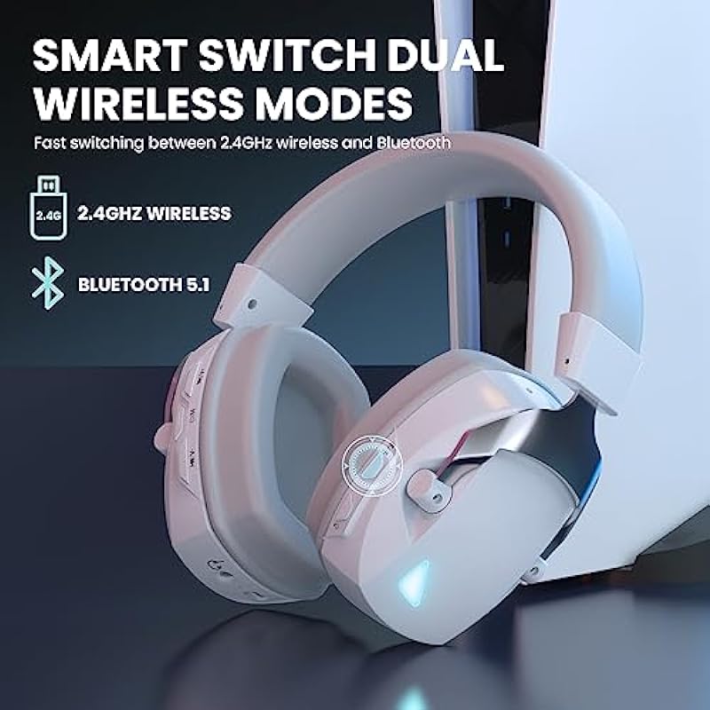 Wireless Gaming Headset with Flexible Noise Canceling Microphone, Low Latency Bluetooth Wireless Gaming Headphones for PC, PS4/5, Mac, Tablet, Notebook(Grey and White)