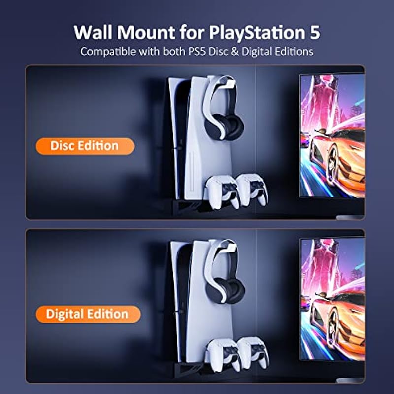 NexiGo PS5 Wall Mount Kit with Charging Station, Dual Controller Chargers, Steel Wall Stand, and Headphone Hanger – Compatible with Playstation 5 (Disc & Digital)