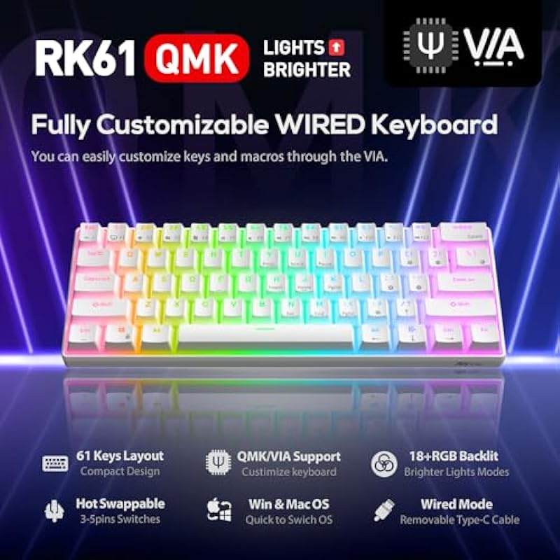 RK ROYAL KLUDGE RK61 Wired QMK/VIA 60% Mechanical Gaming Keyboard Programmable RGB Backlit Ultra-Compact Hot Swappable Red Switch White