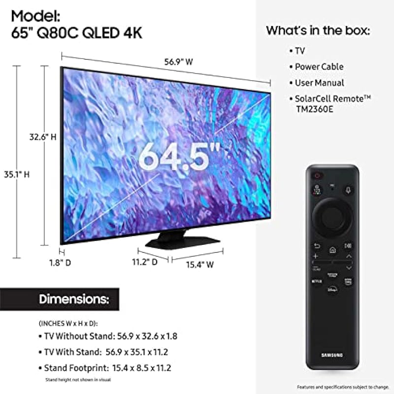 SAMSUNG 65-Inch Class QLED 4K Q80C Series Quantum HDR+, Dolby Atmos Object Tracking Sound Lite, Direct Full Array, Q-Symphony 3.0, Gaming Hub, Smart TV with Alexa Built-in (QN65Q80C, 2023 Model)