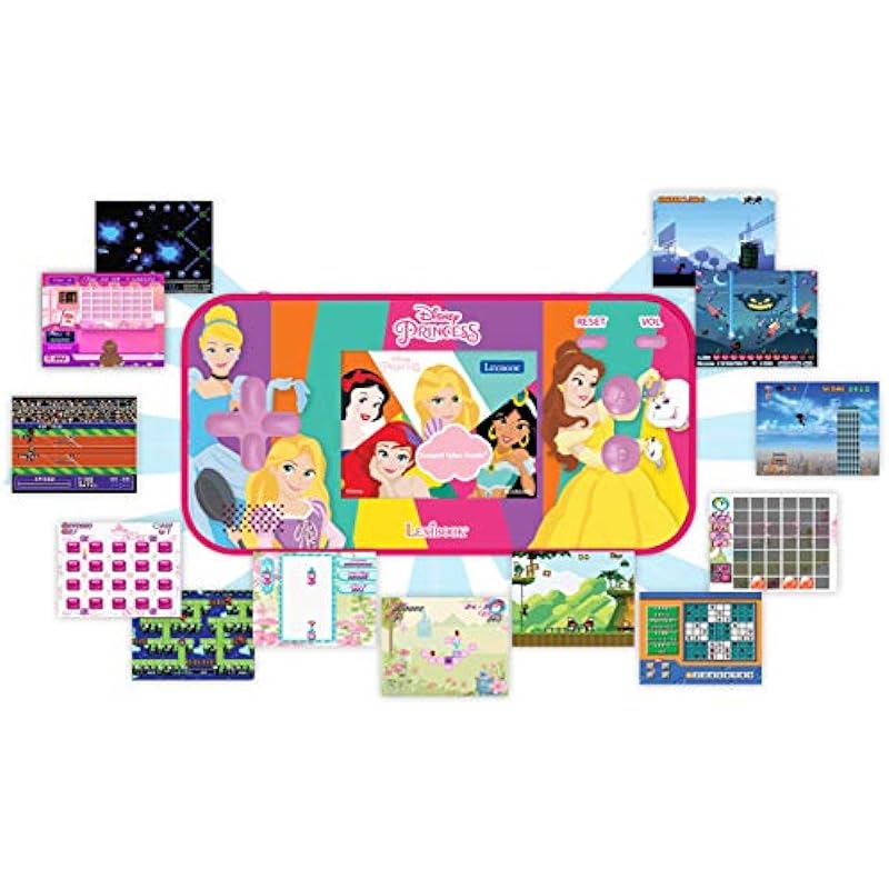 LEXiBOOK Disney Princess Cinderella Ariel Rapunzel Compact Cyber Arcade® Portable Gaming Console, 150 Games, LCD Colour Screen, operates with Batteries, Pink, JL2367DP