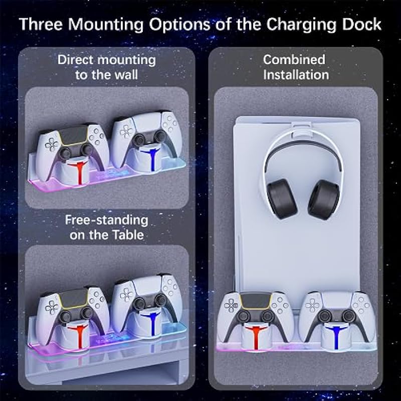 Hosanwell PS5 Wall Mount Kit with Charging Station, Compatible with PS5 and PS5 Slim Disc & Digital Version, Dual Use Charging Station with Multi-Mode RGB Light, White
