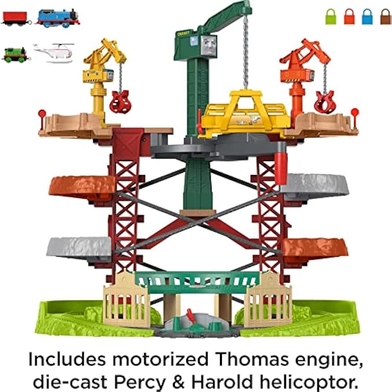 Thomas & Friends Multi-Level Track Set Trains & Cranes Super Tower with Thomas & Percy Engines plus Harold for Preschool Kids Ages 3+ Years