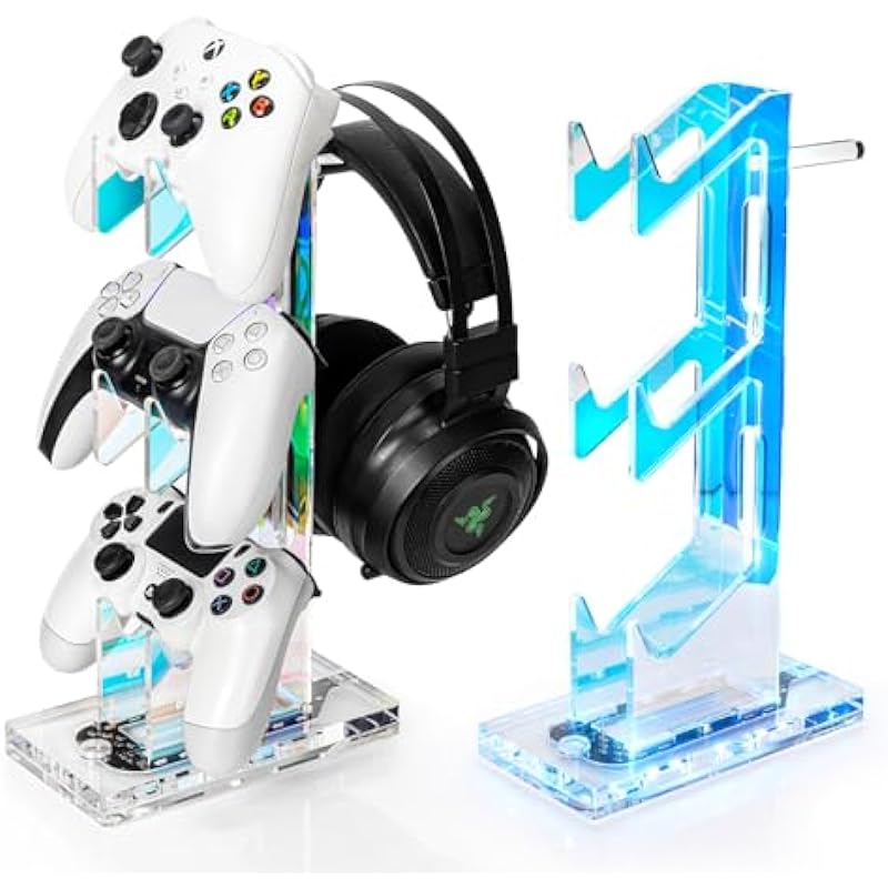 OAPRIRE Controller Holder Headset Stand with Lights, 3 Tier Acrylic Gaming Controller Stand for PS4, PS5, Xbox ONE, Switch, Universal Design (Clear)