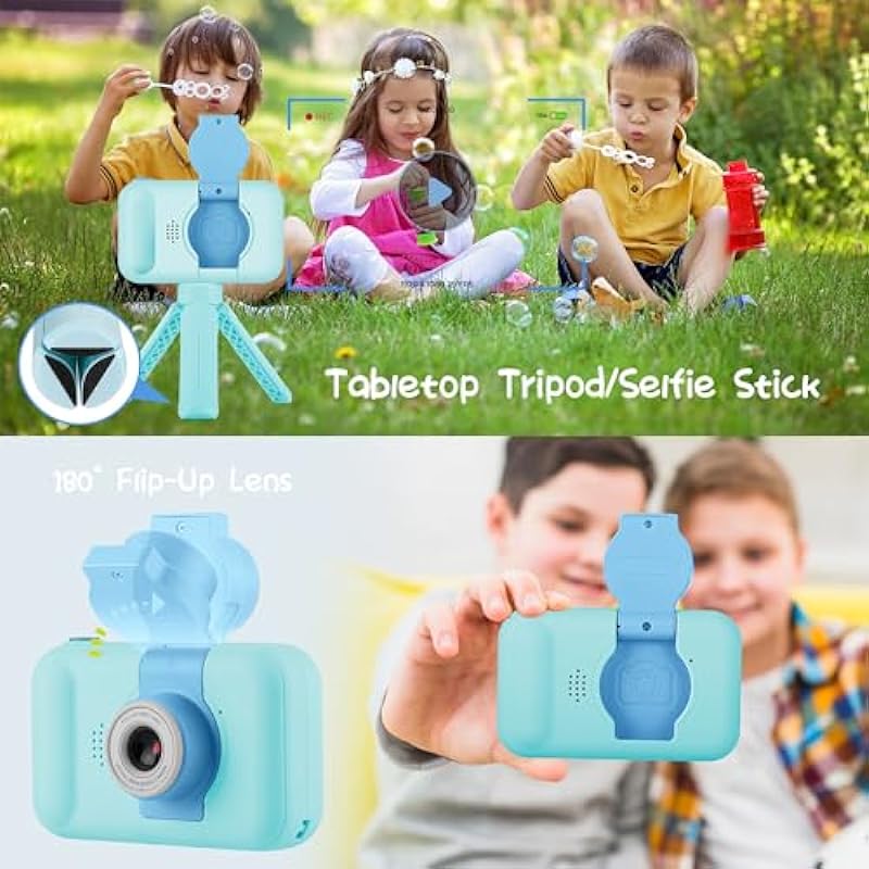 ARNSSIEN Kids Camera with Flip-up Lens for Selfie & Video, HD Kids Digital Camera with Tripods, Toddler Camera with 32GB Card, Ideal Birthday Toy for 3-8 Years Old Kids Girls Boys