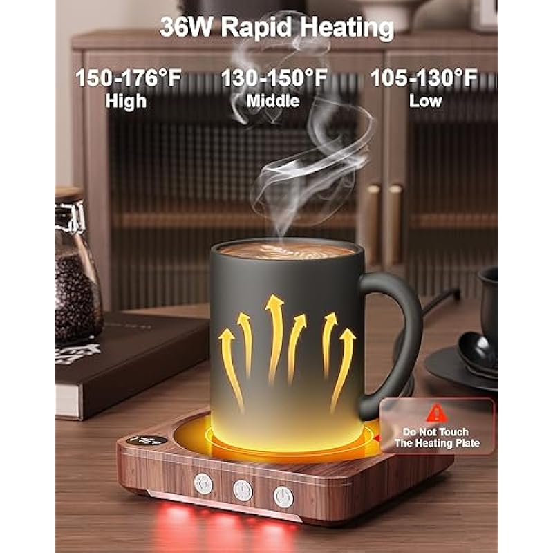 Mug Warmer – 36W Coffee Mug Warmer for Desk with Temperature Display, 2-12Hrs Auto Shut Off, Smart Candle Warmer – Ideal Coffee Gifts Accessories Keep Beverages Coffee Warmer (Wood)