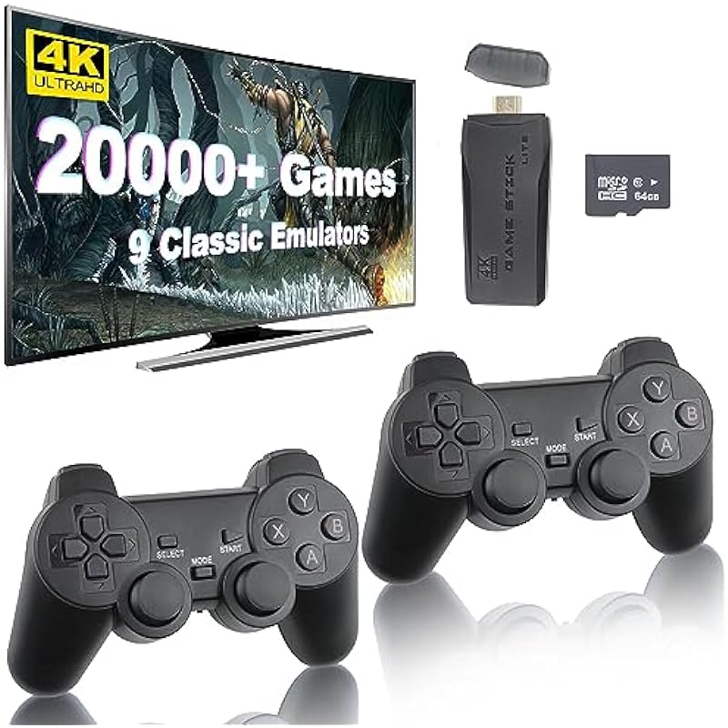 Wireless Retro Game Console, Retro Game Stick with Built-in 9 Emulators, 20,400+ Games, 4k Hdmi Output, and 2.4GHz Wireless Controller, Plug and Retro Play Video Games for Tv (64 G)