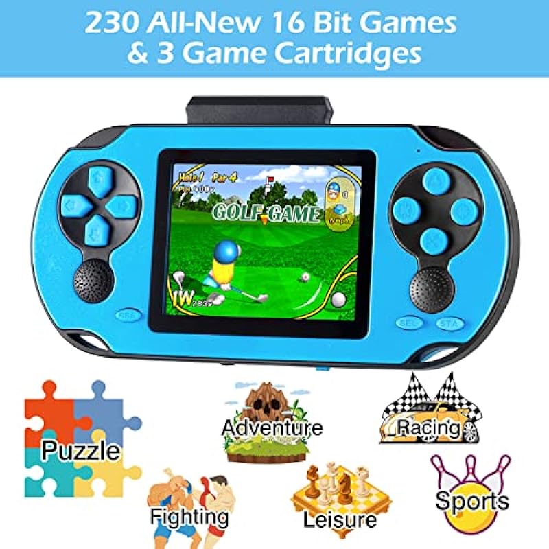 16 Bit Handheld Game Console for Kids Adults, 3.0” Large Screen Preloaded 230 HD Classic Retro Video Games with USB Rechargeable Battery & 3 Game Cartridges for Birthday Gift for Kids 4-12