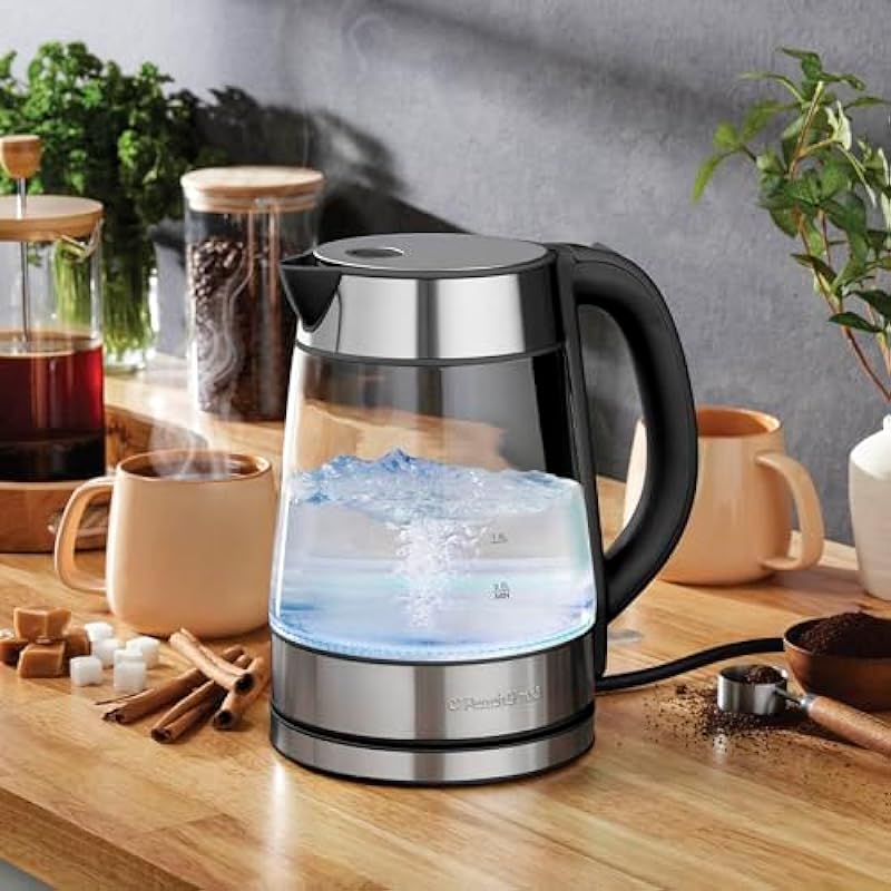 Speed-Boil Electric Kettle For Coffee & Tea – 1.7L Water Boiler 1500W, Borosilicate Glass, Easy Clean Wide Opening, Auto Shut-Off, Cool Touch Handle, LED Light. 360° Rotation, Boil Dry Protection