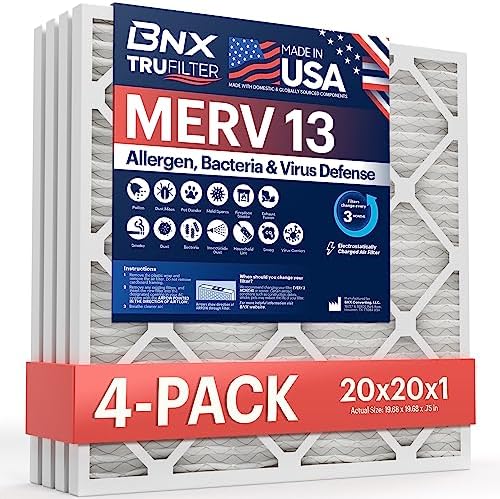 BNX TruFilter 20x20x1 MERV 13 (4-Pack) AC Furnace Air Filter – MADE IN USA – Electrostatic Pleated Air Conditioner HVAC AC Furnace Filters – Removes Pollen, Mold, Bacteria, Smoke